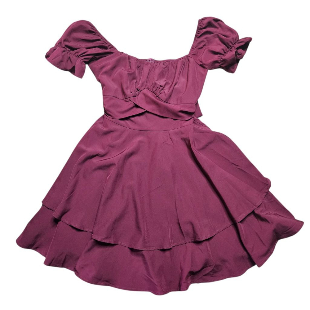 Lyaner Medium Burgandy Off Shoulder Tie Back Ruffle Mini Dress - Picture 3 of 7